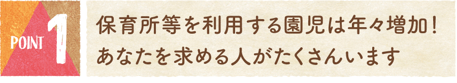 ポイント1：保育所等を利用する園児は年々増加！あなたを求める人がたくさんいます